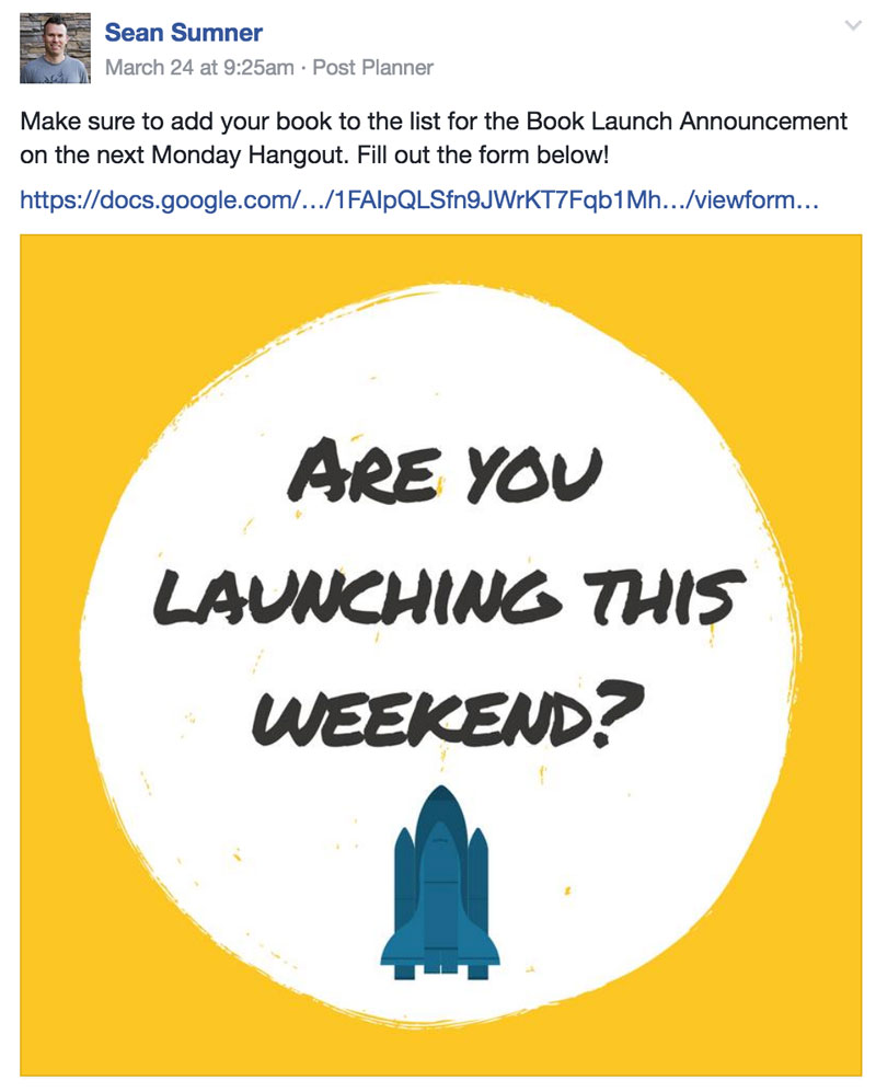 Image of post asking users to submit book launch information
